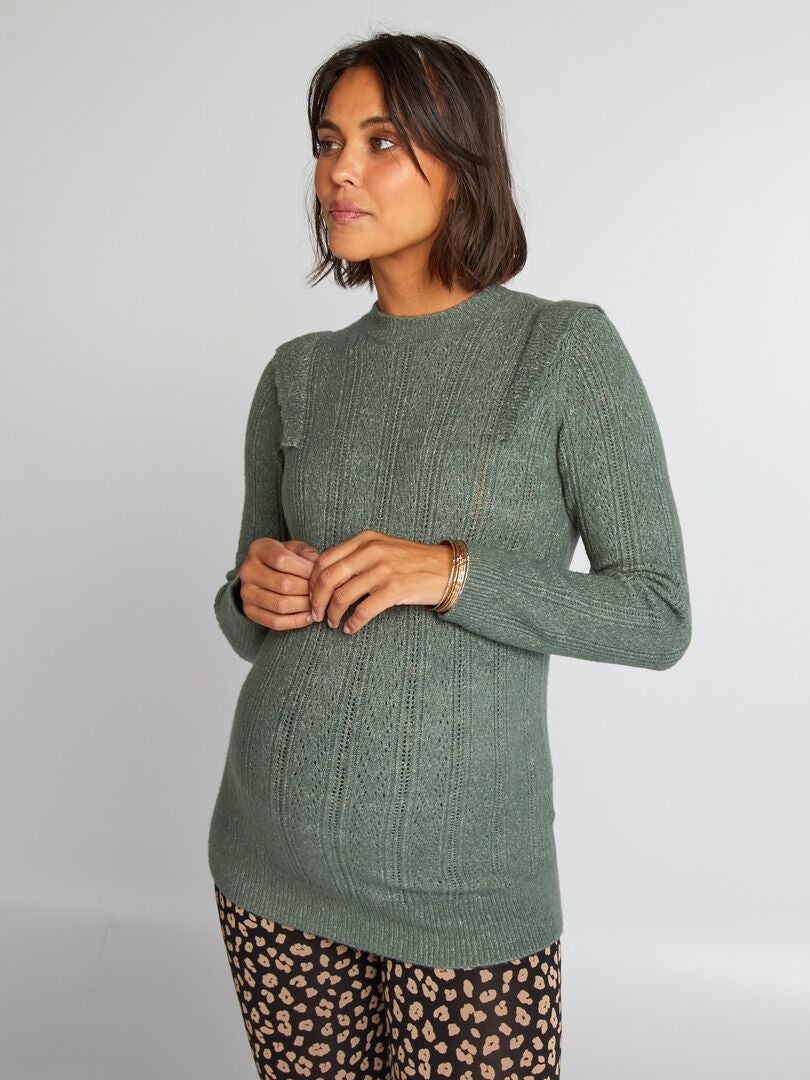 Perforowany sweter ciążowy - szaro-zielony
