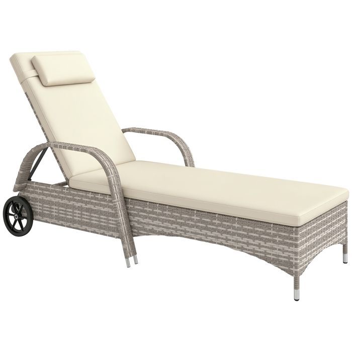 Transat - Outsunny - inclinaison réglable multipositions - matelas, têtière, accoudoirs, roulettes -  résine tressée PE - gris clair