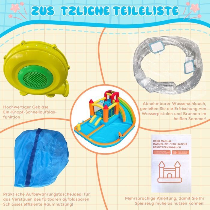 Château gonflable enfants Aire de Jeux Gonflable avec Souffleur Toboggan Trampoline Piscine Pistolet à eau pour 3 à 8 ans