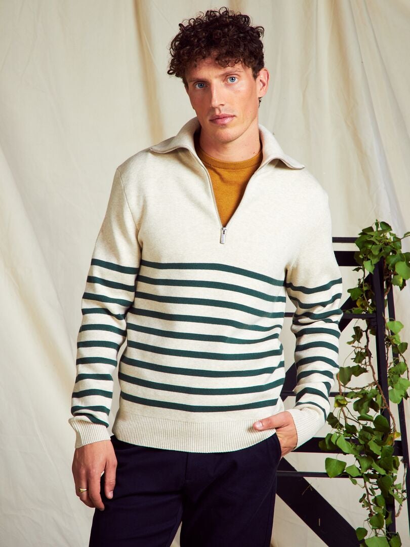 Gestreepte coltrui met rits - Beige/Groen