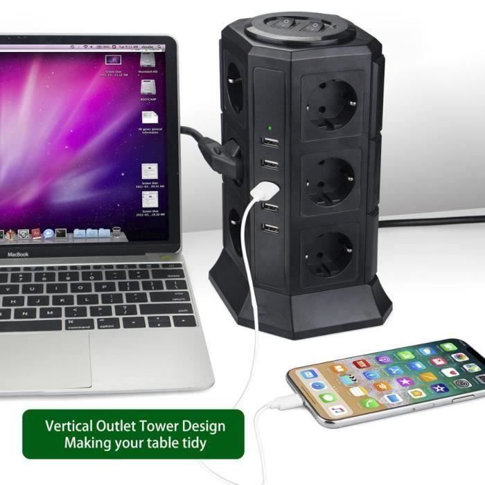 Multipresa a torre BLEOSAN con protezione da sovratensione, 12 prese e 5 porte USB (4,5 A) - Cavo da 2 m - Nera