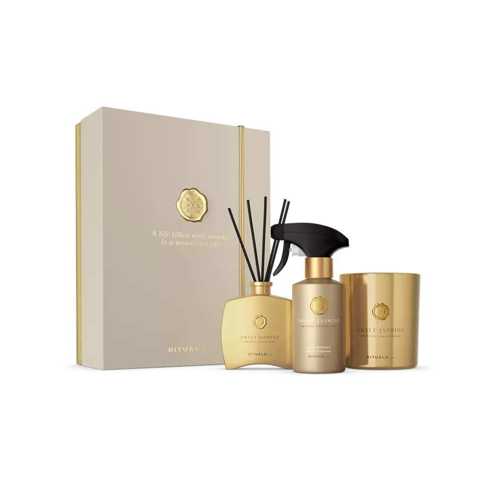 Set de regalo Private Collection Sweet Jasmine L: vela aromática de 360 g, mini varitas aromáticas de 100 ml, perfume para el hogar de 250 ml.