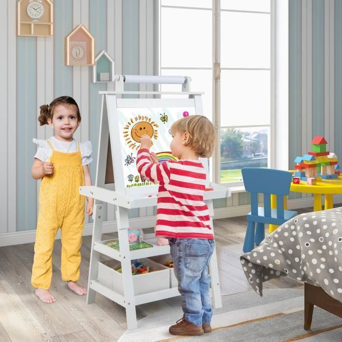 COSTWAY Tableau Enfant - Blanc Magnétique et Noir, Rouleau de Papier (Papier inclus), 3 Etagères et 2 Bac de Rangement Blanc