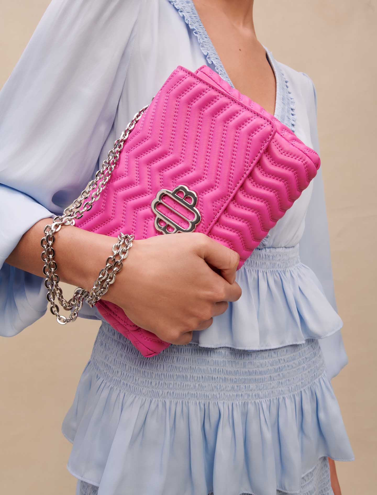 Leren handtas met ketting - Fluorescerend roze