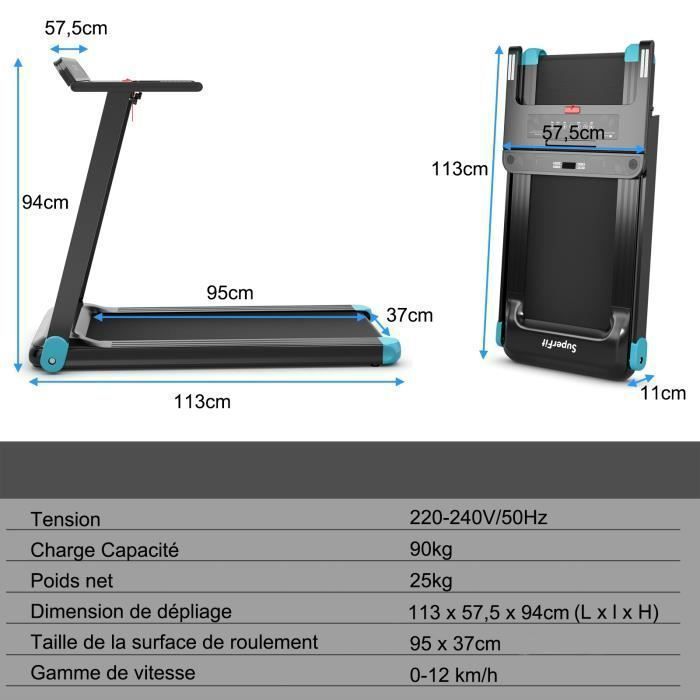 Cinta de correr plegable COSTWAY con control por aplicación, 0,96-12 km/h, Bluetooth, 12 programas, pantalla LED y soporte para dispositivos, azul marino.