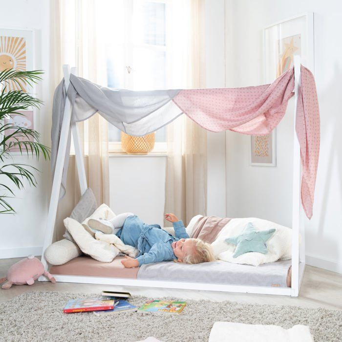 Cama tipi ROBA de 70 x 140 cm para niños - Bambú certificado FSC - Cama india para niños y niñas - Madera lacada en blanco