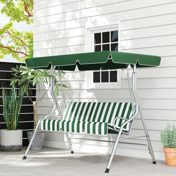 Columpio de jardín Outsunny - 3 plazas - toldo con inclinación ajustable - estampado de rayas - con cojines para asiento y respaldo - verde
