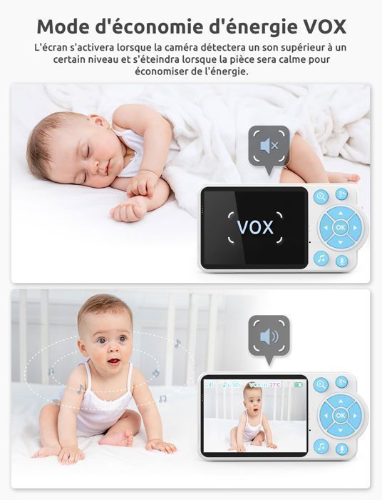 FOSMET Babyphone, 4-facher Zoom, 2,4-GHz-Zwei-Wege-Kommunikation, Schlaflied, Nachtsicht, VOX, Temperatursensor, Blau
