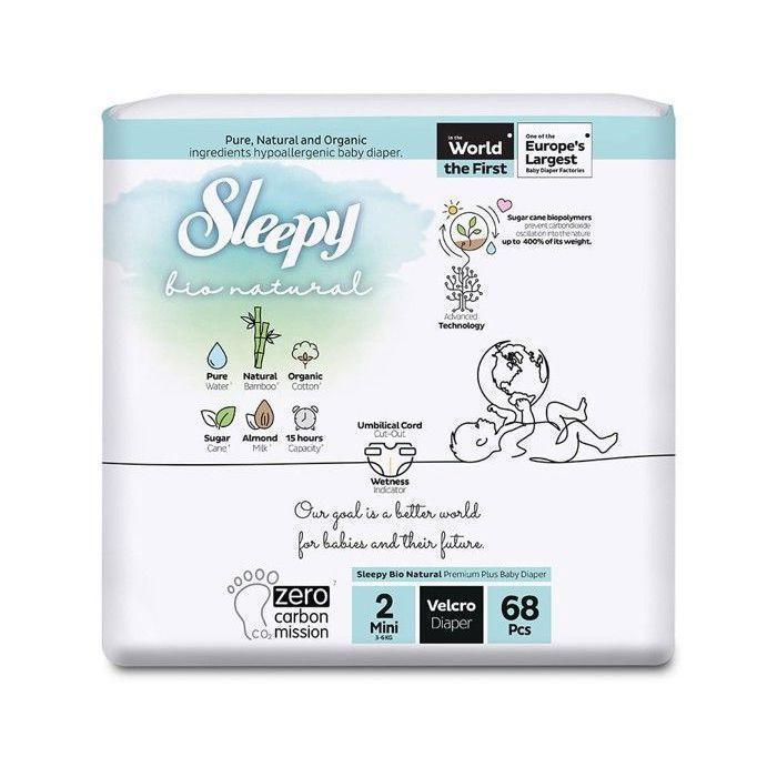 Sleepy Bio Natural Baby Diapers – Natural Protection & Optimal Softness Size 2 68 Count – Baby 4-8 kg, Fragrance-Free