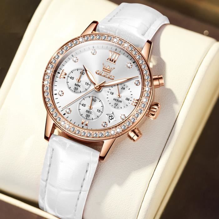 Orologio da donna SHARPHY luminoso, multifunzione e impermeabile con cinturino in pelle bianca e design con diamanti: alla moda, elegante e lussuoso.