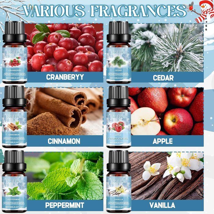6 aceites esenciales de aromaterapia de 10 ml para difusores: Canela, Menta, Manzana, Madera de cedro, Vainilla