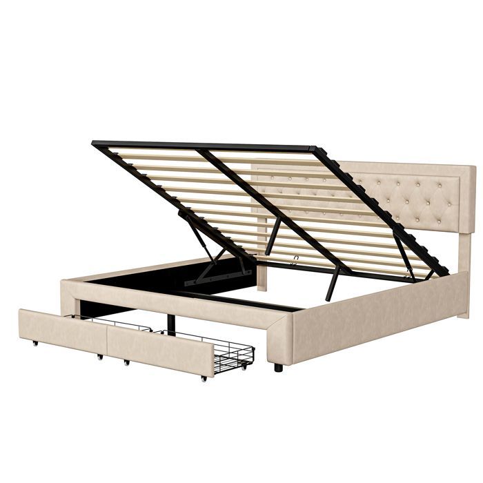 Cama de adulto de 180x200 cm con almacenamiento y somier de láminas, cama de 180x200 cm con 2 cajones, cama doble, tela de terciopelo, beige