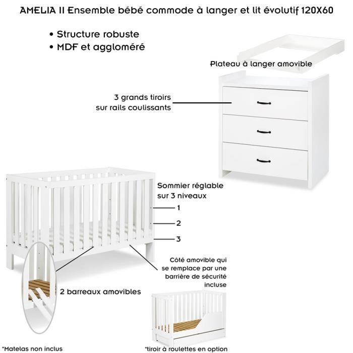 AMELIA II Baby Set: Verschoontafel en ombouwbaar babybedje 120x60cm Wit (zonder lade)