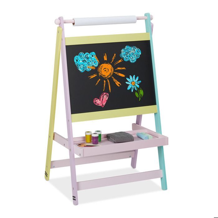 Relaxdays Tableau pour enfants deux en un, 90 x 56 x 42 cm, rouleau de papier, craie, dessin, dimensions, multicolore