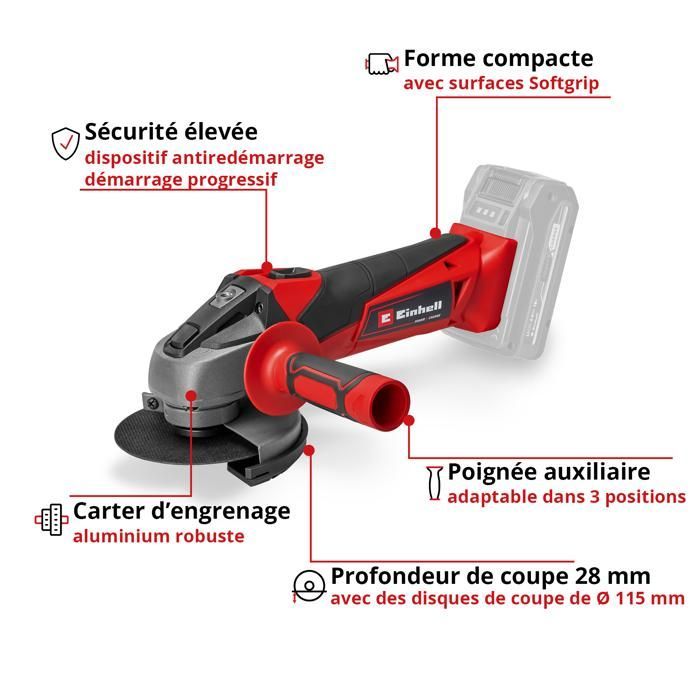 Einhell TC-AG 18/115 Li-Solo PXC 115mm Cordless Angle Grinder (18V, 8500 rpm) Supplied without battery or charger