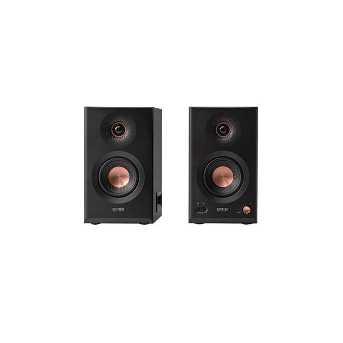 Caixas de som Edifier MR5 pretas com tecnologia HiFi, vendidas em pares.