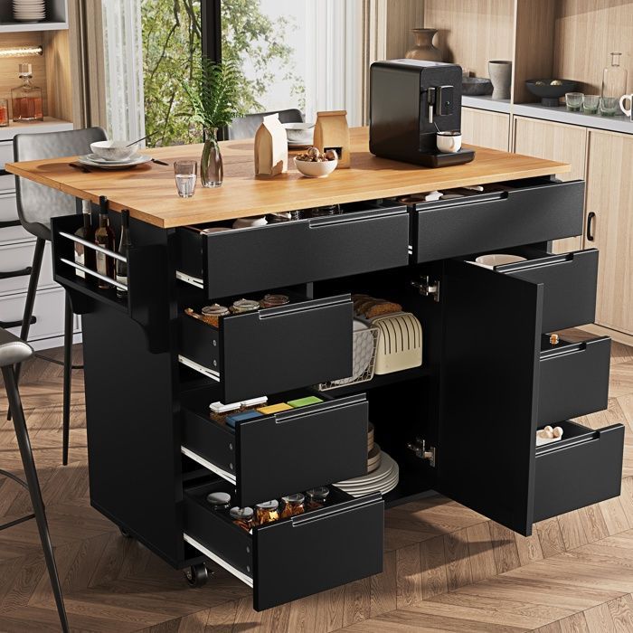 Carrito de cocina - TKOPY - Isla de cocina rodante con 8 cajones y especiero - 122x74,5x91,5cm - Negro