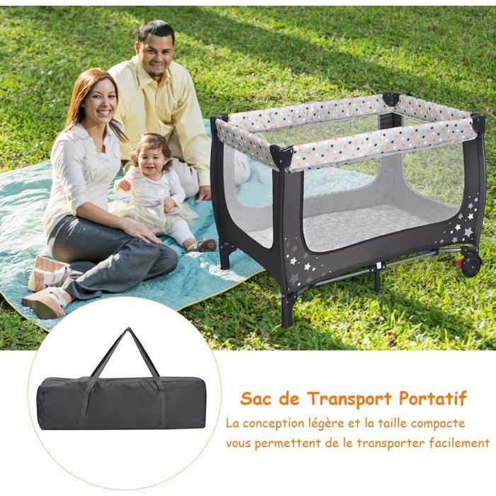 Lit Bébé 3 en 1 De la naissance à 3 Ans COSTWAY avec Matelas,Sac de Transport-Pliage Facile-2 Roulettes 15KG 125 x 65 x 76CM-Gris