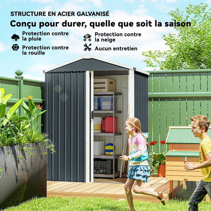 Abri de jardin - Outsunny - 1,2 m² - porte coulissante verrouillable et gants - acier galvanisé - 136 x 87 x 179 cm - gris foncé