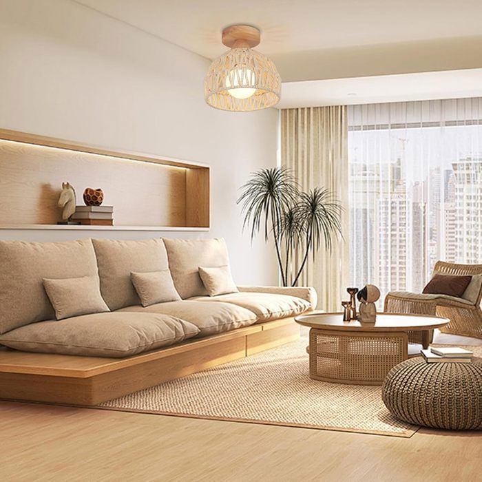 IDEGU Plafoniera industriale, lampada da soffitto vintage a gabbia, lampadario regolabile in legno di rattan bianco, stile rustico per soggiorno e camera da letto