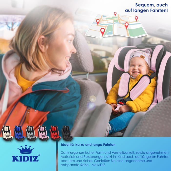Seggiolino auto KIDIZ® per bambini e neonati da 9 a 36 kg, gruppo 1+2+3, cintura di sicurezza a 5 punti, poggiatesta regolabile, omologazione ECE R129/03, colore rosa.