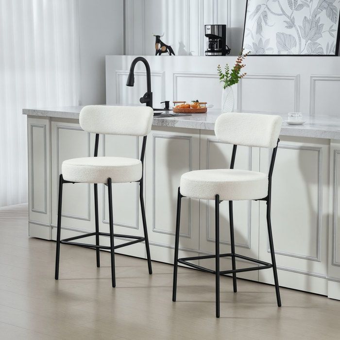Juego de 2 taburetes de bar - HOMCOM - asiento ancho, respaldo curvo y reposapiés - tejido bouclé - 49x52x95cm - crema