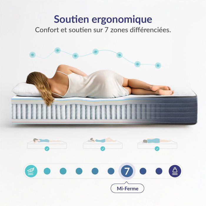 Dream Komfort Matratze 140 x 200 cm – Taschenfederkern + Latex + hochelastischer viskoelastischer Schaumstoff – mittelfester Liegekomfort, 7 Zonen – 30 cm dick