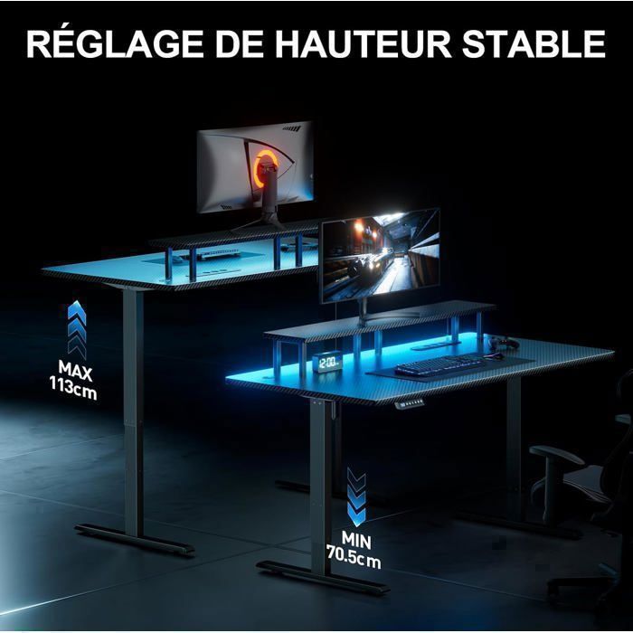 HLONONE LED Elektrisch Zit-Sta Bureau 140 x 60 cm, Gaming Bureau met Geïntegreerd Stopcontact & USB-poort, 3 Geheugenfuncties, Zwart