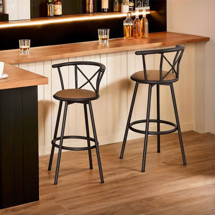 MUEBLES ACOGEDORES Juego de 2 taburetes de bar giratorios de estilo industrial con respaldo de tela marrón - HAILEY 29