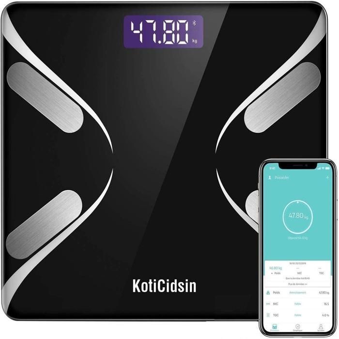 KotiCidsin Pèse Personnes Impédancemètre, Ecran Rétroéclairé LED Grand, Balance Pèse-Personne Bluetooth, Noir