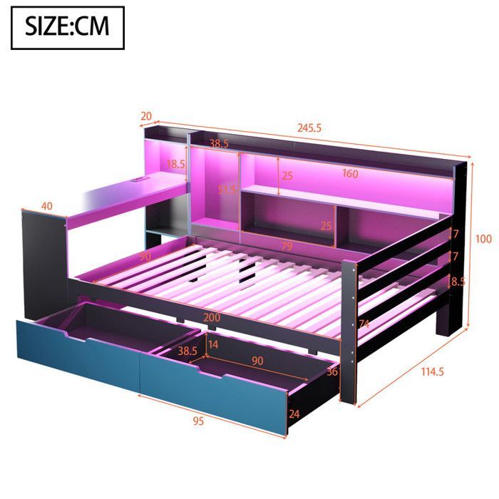 Cama individual de 90x200 cm con LED - 2 cajones y compartimentos de almacenamiento - toma de corriente - negro+azul