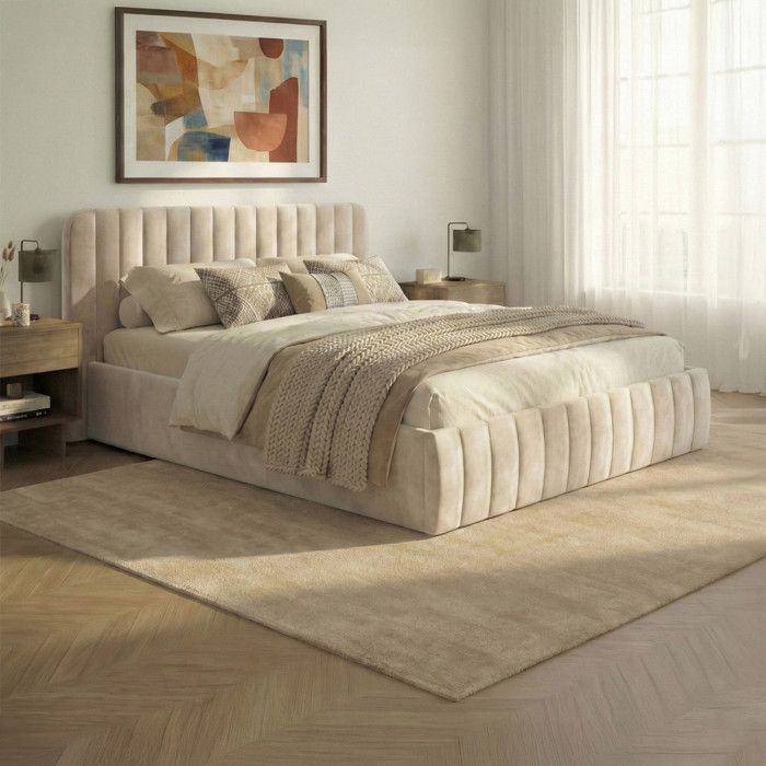 Cama doble con almacenamiento IDMARKET ALBA con cabecero y somier de láminas, 160 x 200 cm, terciopelo beige.