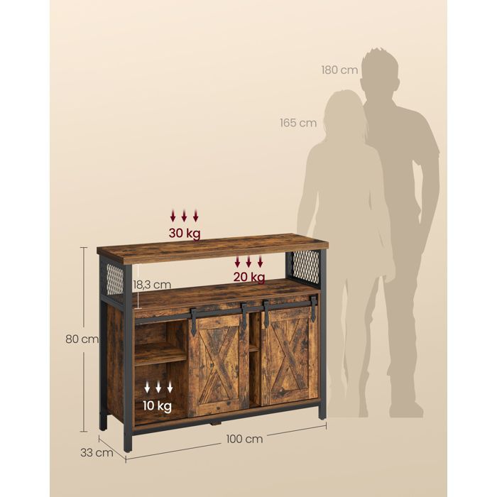 VASAGLE Buffet Cuisine, Commode, avec 2 Portes Coulissantes, 33 x 100 x 80 cm, Étagères Réglables, Marron Rustique et Noir