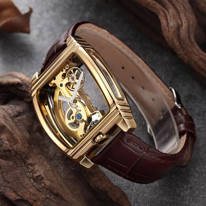 Top luxe hommes montre transparente automatique mécanique squelette engrenage automatique en cuir montre pour hommes montres