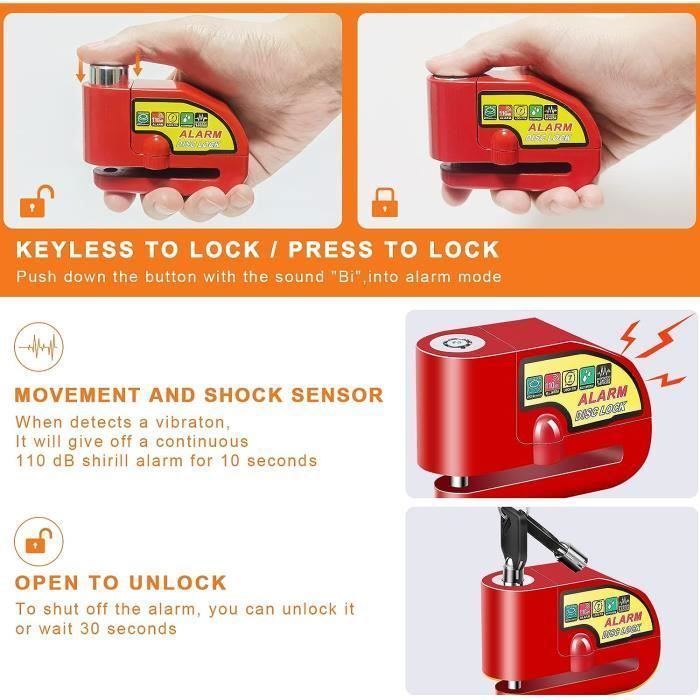 Motorcycle Disc Lock with 110dB Alarm, Scooter Disc Lock with Alarm for Motorcycles, Bicycles, and Scooters, with 1.5m Cable