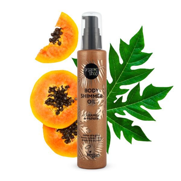 Třpytivý tělový olej Organic Shop s karamelem a papájou 100 ml