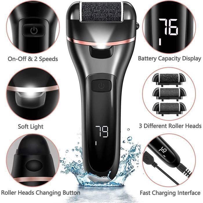 Râpe à Pieds Electrique, IPX7 Etanche Pedicure Professionnel Râpe électrique Pied, 2 Vitesses 3 Rouleaux de Remplacement