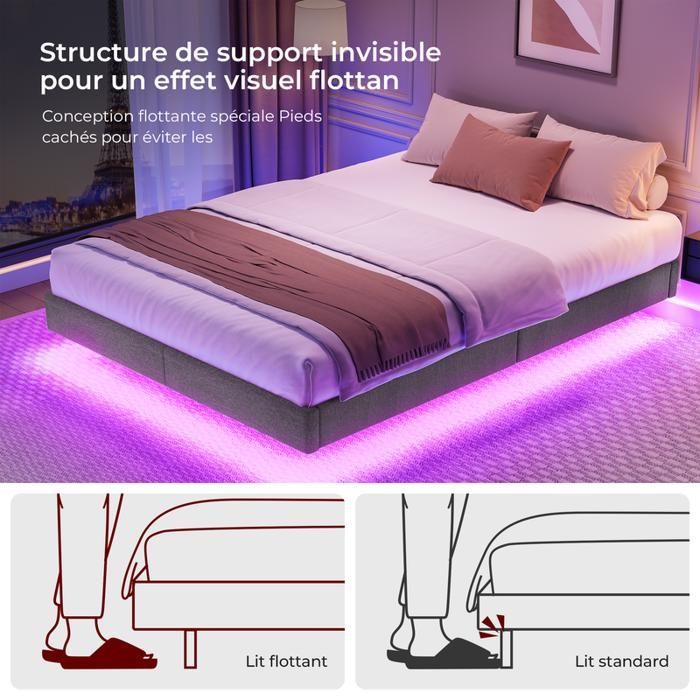 HavenlyHome 180x200 cm Bed, Linen Bed with RGB LED Lights, Slatted Base, Hidden Legs, Adult Bed for 2 People, Grey