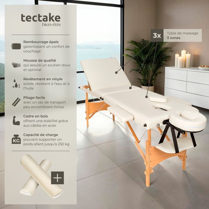 Camilla de masaje - TECTAKE - DANIEL, plegable y regulable en altura, 3 secciones, 210 x 95 x 84 cm - Beige