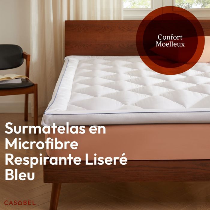 Cubrecolchón CASABEL Softness de 140 x 200 cm en microfibra transpirable con ribete azul – Ultrasuave, antiácaros – Tamaño doble