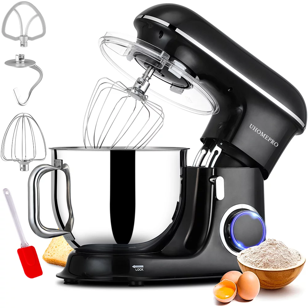 Mixer de bucătărie uhomepro de 7,5 litri, cu cap înclinat și viteză 6+0+P, mixer electric pentru prăjituri, cu cârlig pentru aluat, tel, tel pentru ouă, spatulă, potrivit pentru mașina de spălat vase
