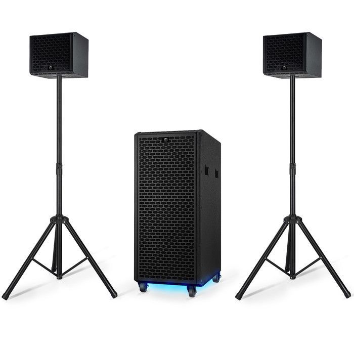 Pacchetto SONO completo BM SONIC BMS-PRO1208-DJ SUB AMPLIFICATO DA 2000 W 700 W RMS + 2x SAT 150 W, 2x Bluetooth, 2x USB, AUX ottico FM, LED