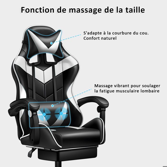Silla gaming ergonómica con función de masaje, soporte lumbar, reposacabezas y reposapiés, altura regulable e inclinación de 90° a 135°.