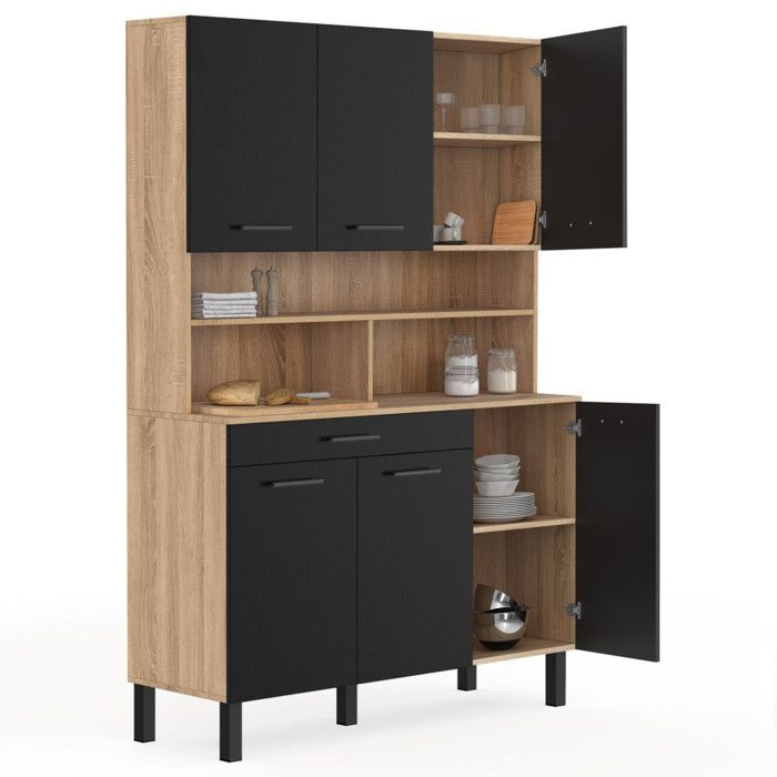 IDMARKET Buffet de cuisine 120 CM CINA 6 portes + tiroir façon hêtre et noir