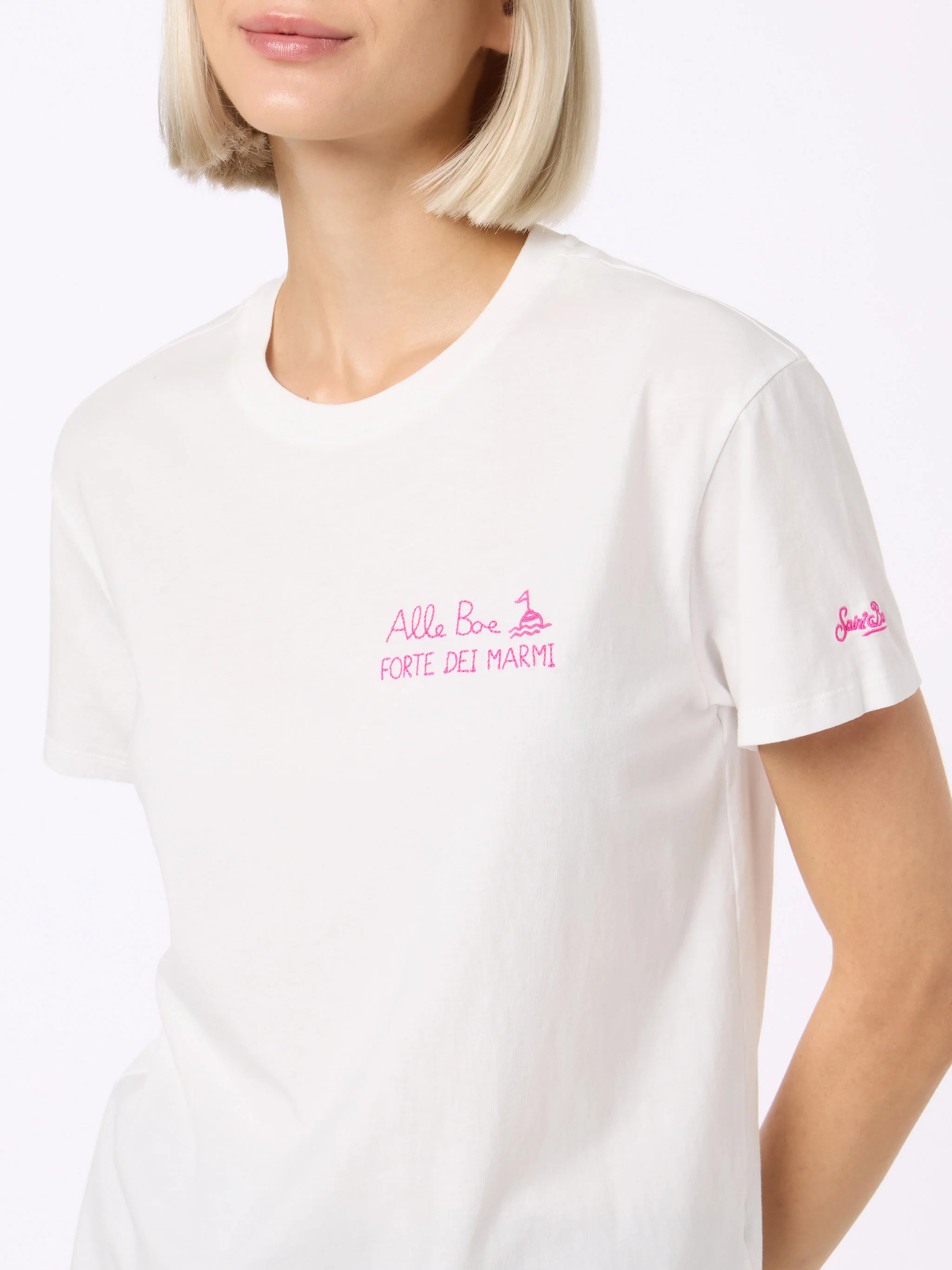 Emilie dames T-shirt met ronde hals, gemaakt van katoenen jersey, met Ti Am-print.
