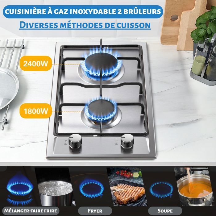 Plaque de Cuisson Gaz, 2 Feuxs Inox, Sécurité Thermocouple, Encastrable Table de Cuisson 30cm, Gazs Naturel/Propane, 4200W