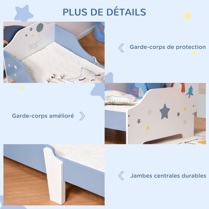 Cama infantil - HOMCOM - De 3 a 6 años - Diseño de estrellas - Base de láminas incluida - Dormitorio moderno - 143 x 74 x 59 cm - Azul y blanco