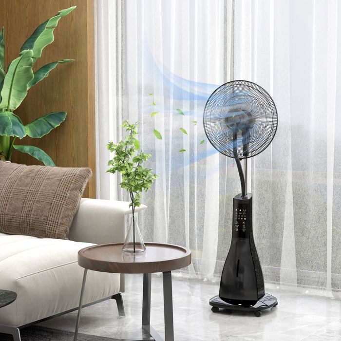 Ventilador de pedestal HOMCOM de 90 W con función de nebulización, ruedas, mando a distancia, temporizador, 3 modos, 3 velocidades, oscilante, inclinable - negro