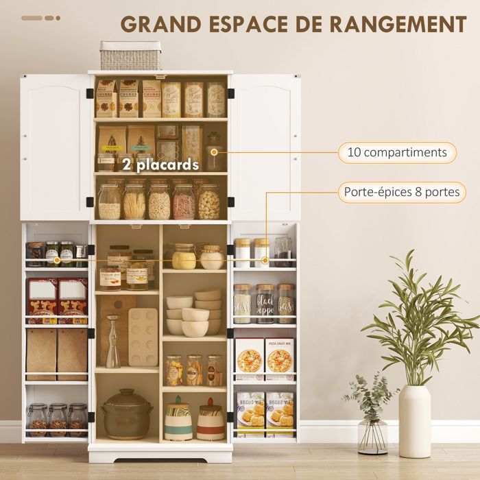 Aparador alto de cocina - HOMCOM - 4 puertas, 10 compartimentos, 8 especieros y estantes ajustables - MDF - 60x35x162cm - blanco
