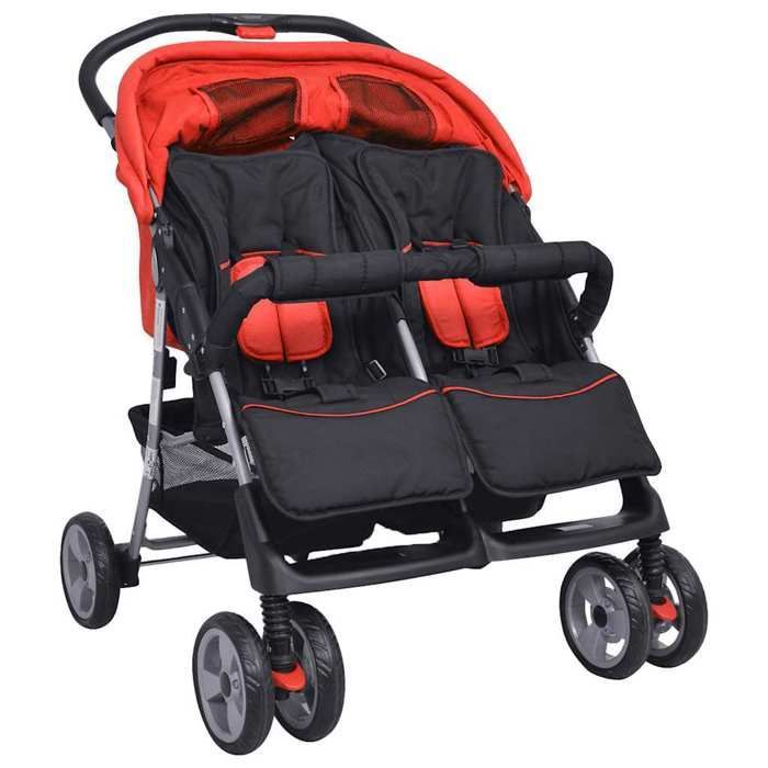 Double stroller - vidaXL - Steel - Red and black - Adjustable backrest - Lockable wheels